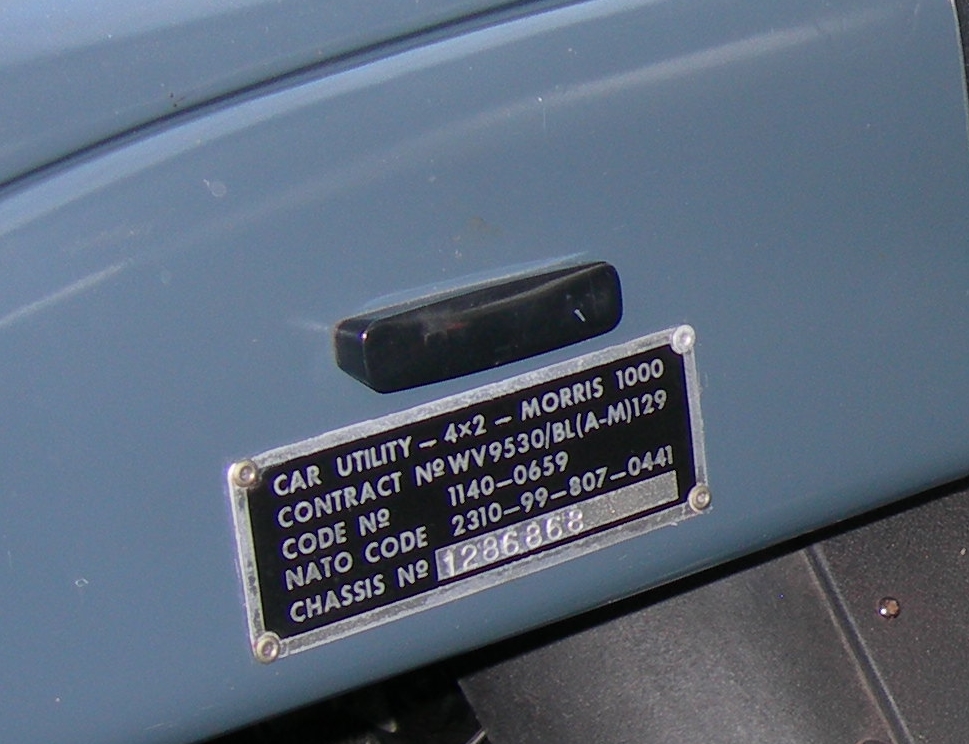 Data plate on the glove locker lid of an ex RAF Traveller